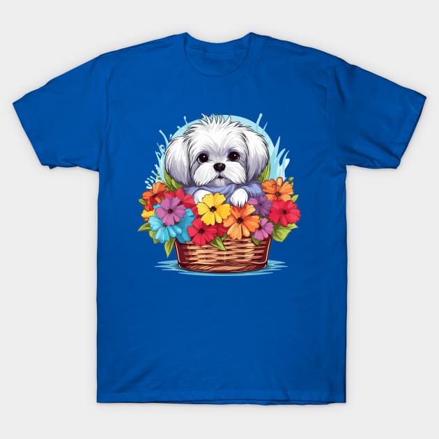 Blooming Companion: Maltese in a Basket of Flowers T-Shirt by Cute Dogs AI